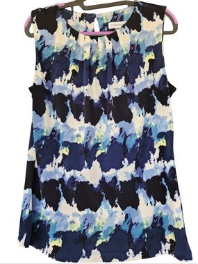 CALVIN KLEIN Abstract Print Sleeveless Blouse - Blue and Black Sz M EUC Office
